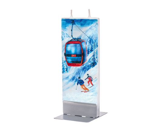 Hand Painted Flat Candle | Snowy Mountain Ski Lift Small Unique Gift Winter Decor Nature Shelf Décor