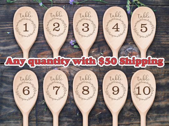 Table Numbers Engraved Wooden Spoons Wedding Elegant Decor Calligraphy Bridal Shower Favor