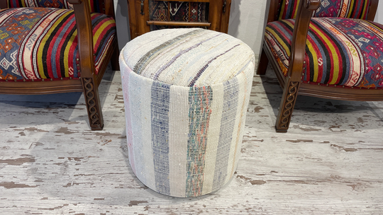 White Blue Striped Cotton Handmade Modern Pouf Chair Ottoman Decorative Luxury Indoor Outdoor Useful 18x18 Inches Round Boho