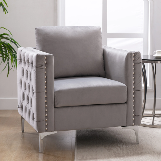 Modern Velvet Armchair Tufted Button Accent Chair Club Chair with Steel Legs Grey