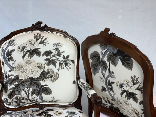 Free Ship - Can Replicate-Sold-Pair French Antique Carved Chairs With Black White Gray Floral Fabric