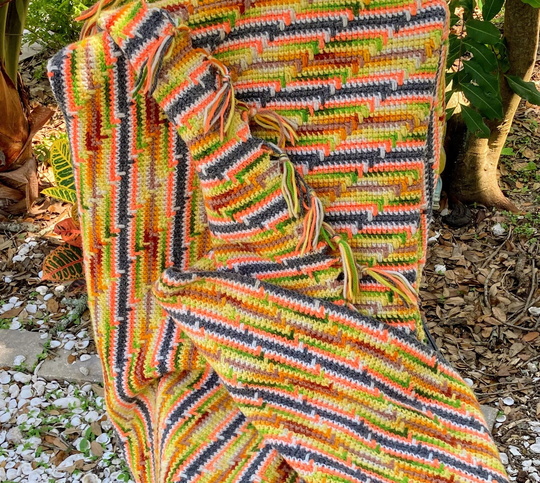 Afghan Sofa Throw Blanket, 68" X 50", Handmade & Well Made, Neon Rainbow Stripes & Grey, Soft Medium To Heavy Weight Tight Knit
