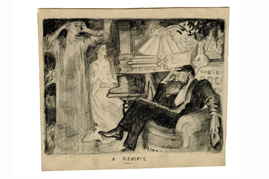 Antique 1908 Italian Sketch Drawing On Paper By Paolo Antonini, Graphite Pencil Art Nouveau Indoor Rom With Piano Player & Sitting Man