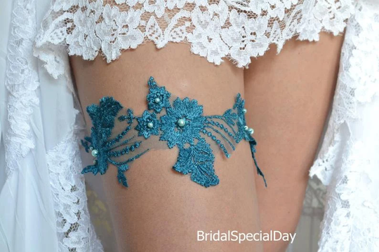 Teal Blue Bridal Garter Set Lace Wedding Brides Blue, Handmade Clothing For Flower Gift