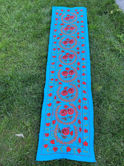 Embroidered Suzani Table Runner Bohemian Decor Brown Red Green 72"x18" | 185x45cm Eclectic Silk Lumbar Home Decoration