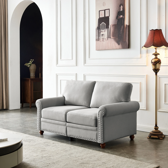 Classic Elegant Loveseat Sofa Living Room Sofa, Padded Seat Rolled Arms Sofa with Wood Leg & Nailheads Decoration
