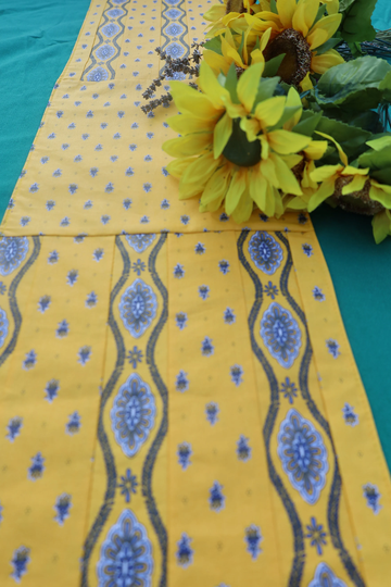 Ready To Ship Reversible Table Runner. Indoor Outdoor Quilted Linen Fabric From Provence. Blue Yellow Easy Clean Kitchen Wipe-Able