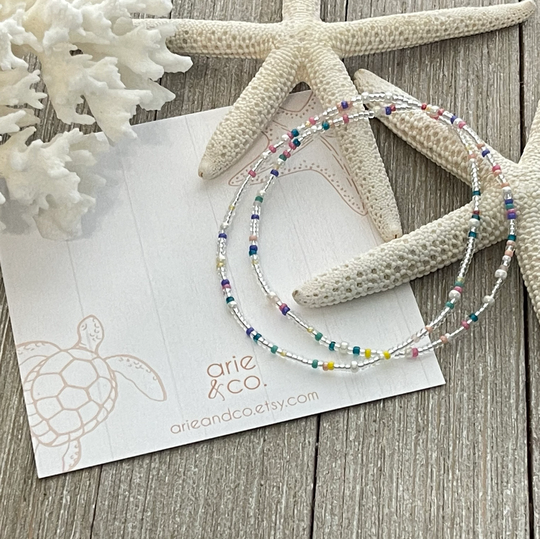 C A R I B E - Dainty Colorful Colors Stretchy Beaded Anklet Bracelet, Minimalist & Double
