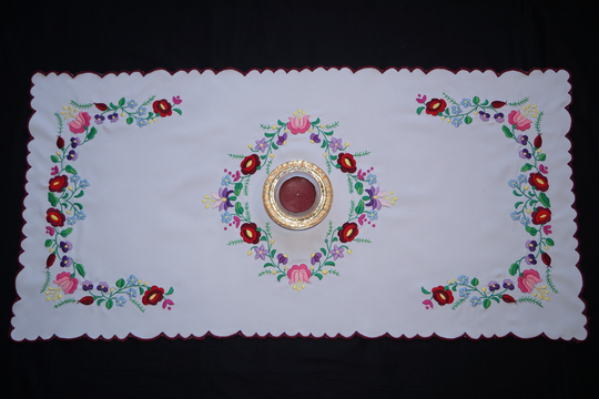 Hungarian Kalocsa Table Runner 90/44 cm, Hand Embroidered Home Decoration, White Folk Runner, Colorful Embroidery, Floral Decor