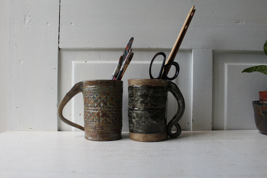 Pair Rustic Textured Stoneware Mugs - Great For Pencils/Art Supplies Kitchen Utensils Vintage Handmade Pottery 5" Tall