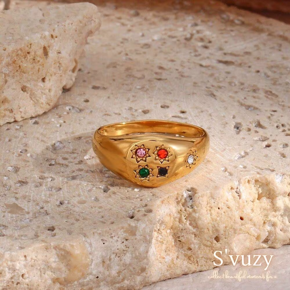 18K Gold Zircon Colorful Ring, Micro-Inlaid Cz Square Multi Color Cubic Ring