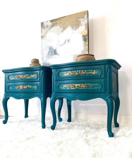 French Provincial Side Tables. Country Nightstand Pair. Teal Gold Victorian Furniture. Painted End Low Bedside Tables