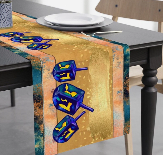 Hanukkah Dreidel Table Runner - Decor, Jewish Gift, Gold & Blue, Setting, Chanukah