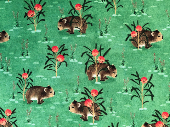 Katerine Quinn Wombat & Red Protea Flower Green Floral Quilting Cotton Fabric By 1/2 Yard Or Fat Quarter, Australian Native Animal Flora