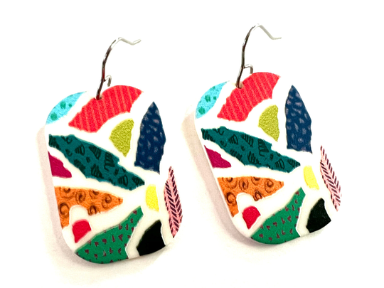 Mosaic Color Earrings Dangle Resin Rectangle Statement Jewelry Patchwork Multi Unique Bold Drop Earring Colorful Jewelry
