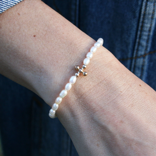 Fresh Water Pearl Bracelet, Isabella Celini, Gold Filled Cross Stretch Stacking Gift For Women, Bridesmaid