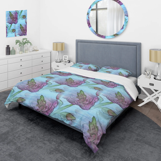 Designart 'Pencil Sketch Of Blue Violet Flowers' Modern Duvet Cover Set