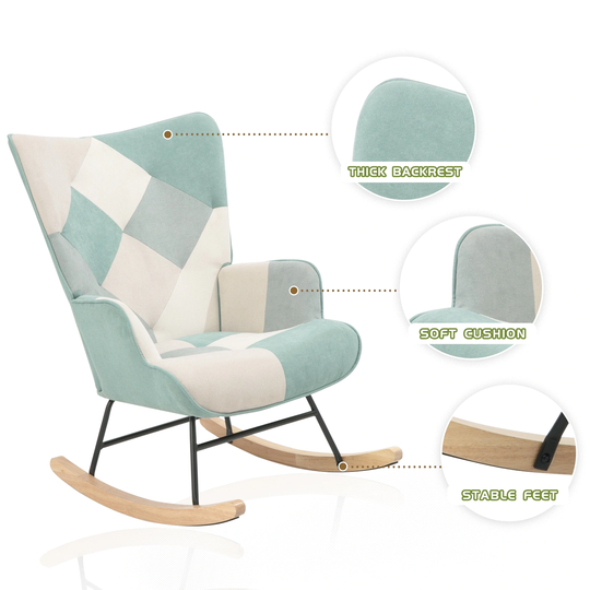 Mid Century Colorful Splicing Design Fabric Rocker Chair with Wood Legs and Patchwork Linen for Livingroom Bedroom