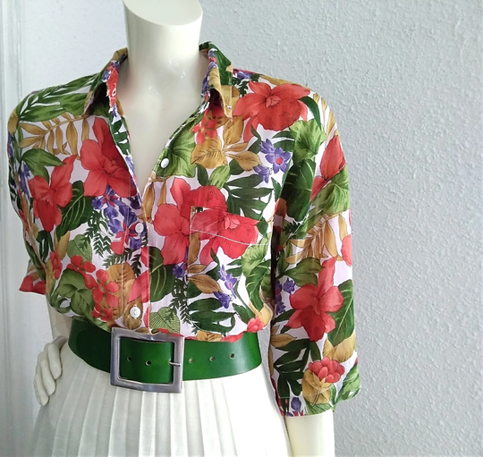 90S Summer Shirt Colorful Floral Blouse Fluid Cotton & Viscose Vacation Look Like Batist Xl Size Red Flowers Multi-Color Top