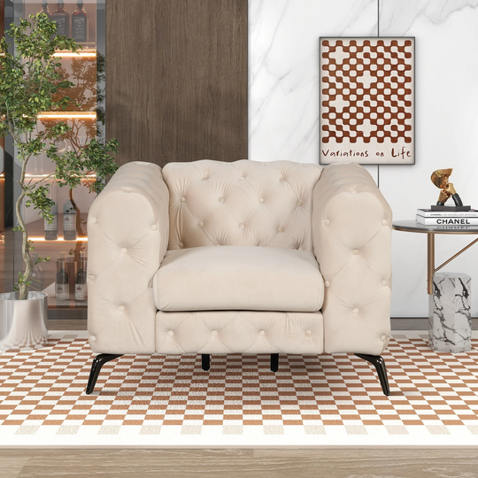 Velvet Upholstered Sofa Modern Button Tufted Back Single Sofa Chair, Single Living Room Sofa Couch with Sturdy Metal Legs