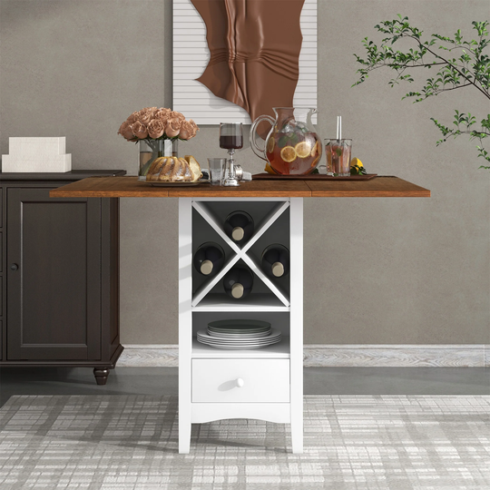 Wood Counter Height Dining Table with Drop Leaf Wine Rack and Drawers