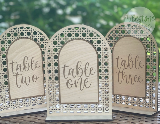 Wooden Arch Wedding Table Numbers & Stands, Double Sided Engraved Numbers, Rattan Cane Design Bar Signs