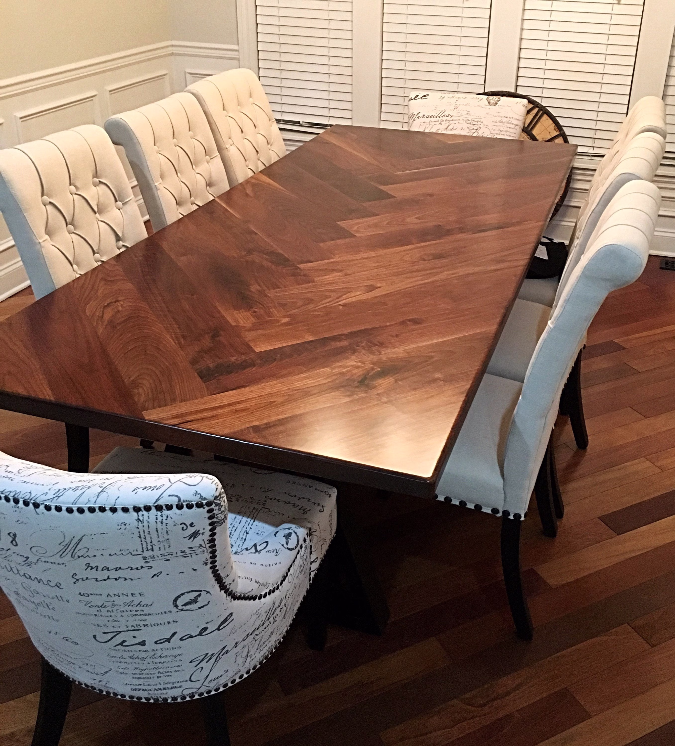 stunning Herringbone Walnut Dining Table With Metal Legs