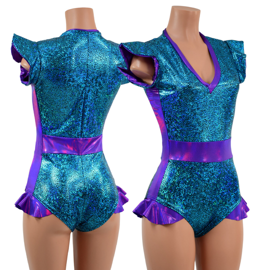 Turquoise Shattered Glass Flip Sleeve Siren Cut Romper, V Neck, Sleeve Liner, Side Panels, Waist Panel, & Leg Ruffles in Grape Holo - 157835