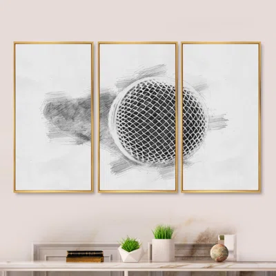 Microphone In Pencil Sketch - Music Framed Canvas Wall Art Set Of 3