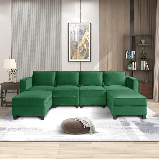114.5"L Square Arm Classic Velvet Sectional Sofa, Green
