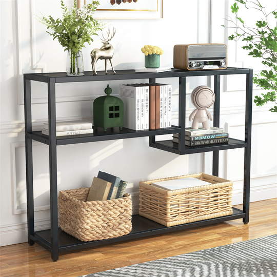 43 Inch Console Table,Small Black Entryway Table with Storage Shelves,Entrance Table Behind Couch Table
