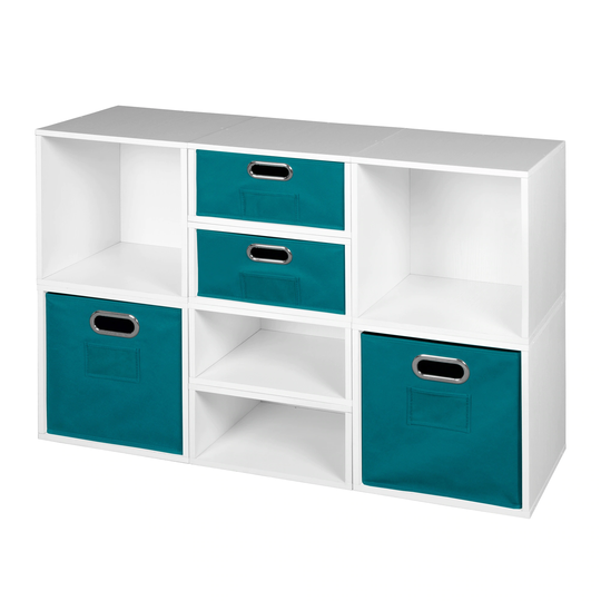 Noble Connect Storage Set- 4 Full Cubes/4 Half Cubes with Foldable Storage Bins- White Wood Grain/Teal