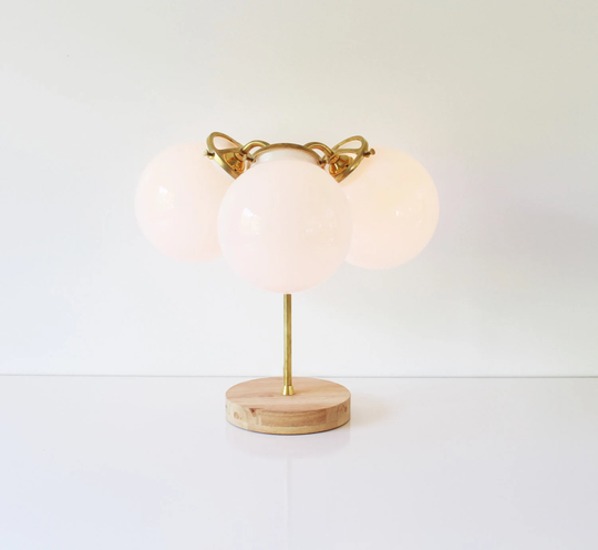 Modern Brass Table Lamp, Industrial Home Decor, 3 White Frosted Opal Glass Globe Shades, Wooden Base in Custom Colors, Bootsngus Lighting