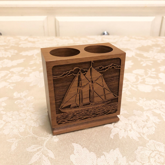 Carved Wooden Ship On Ocean Detail Vintage Pencil Holder Office Storage Decor Solid Walnut in Wood Block