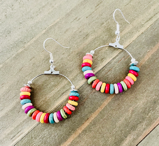 Dangling Colorful Hoop Earrings, Rainbow Hoops, Silver Boho Earring Gift Shop