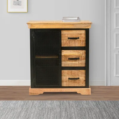 Home Office Cabinet With 3 Drawers And Metal Frame, Oak Brown And Black