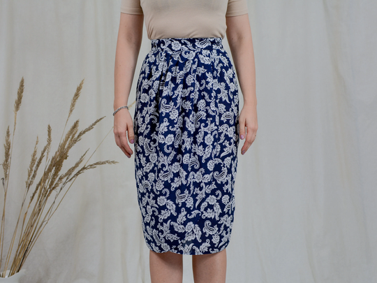 Blue White Skirt Vintage St. Michael W26 Printed Pencil Plants Wrap Viscose S Small