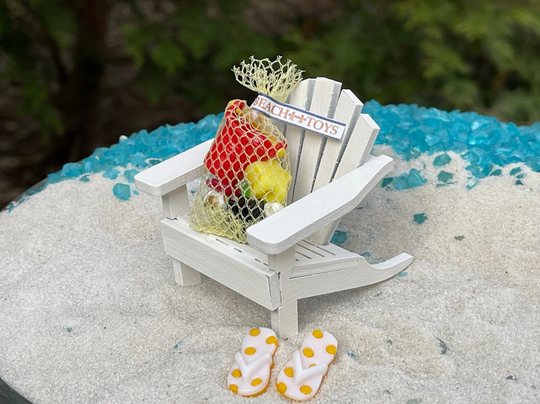 Miniature Adirondack Chair, Beach Toys in Mesh Bag, Flip Flops, Fairy Garden Accessories, Wedding Cake Topper