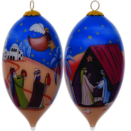 Colorful Nativity Scene Hand Painted Mouth Blown Glass Ornament - 5" x 2.5" x 2.5"