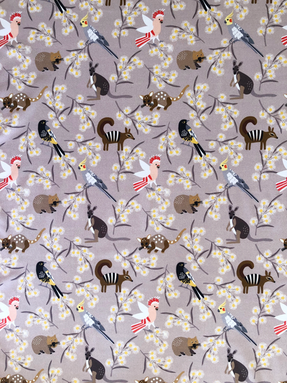 Australian Bush Animals & Wattle Flower Beige Quilting Cotton Fabric By 1/2 Yard Or Fat Quarter, Kangaroo Wombat Kookaburra
