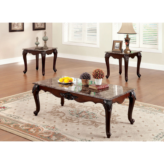 3 Piece Table Set With Faux Marble Table Top in Dark Cherry