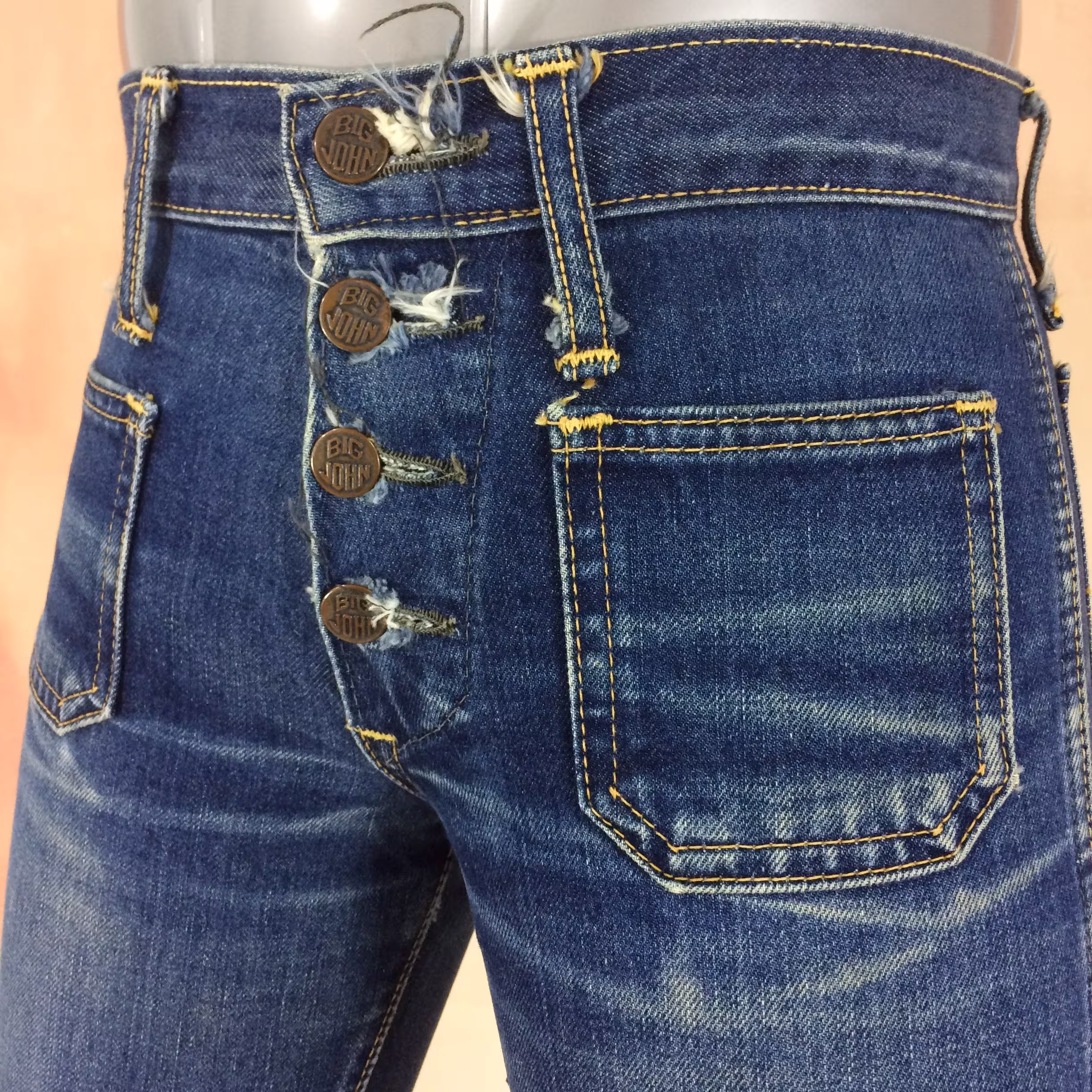 Size 27 Big John Vintage Western Sailor Jeans Low Waist Exposed Button Fly Wide Leg Bootcut Girlfriends Mom Rodeo Riders