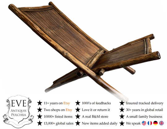 Vintage Asian Bamboo Deck Chair Sun Lounger Natural Weathered Chaise Longue Foldable Beach Garden Carry On Circa 1980-90's/Eve Of England
