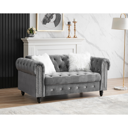 Button Velvet Two-Seat Sofa with Roll Arm, Classic Sofa with Black Wooden Feet for living Room and Bedroom