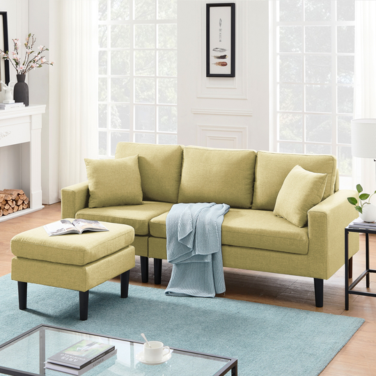 Reversible Sectional Sofa with 2 Pillows, Removable Seat Cushion and Ottoman, 72"L x 49.6"W x 34.2"H, Yellow
