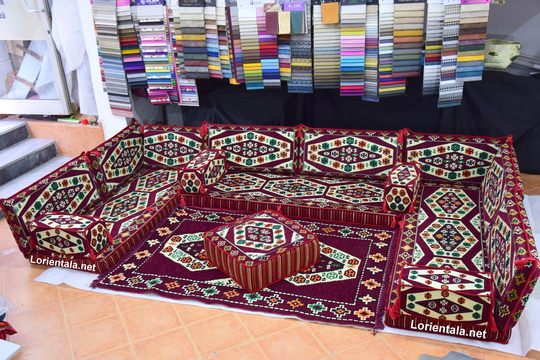 U Shaped Arabic Oriental Floor Seating Sofa Turkish Home Decor Burgundy Cushions Rug Yoga Meditation Floor Couch Moroccan Bohemian Furniture