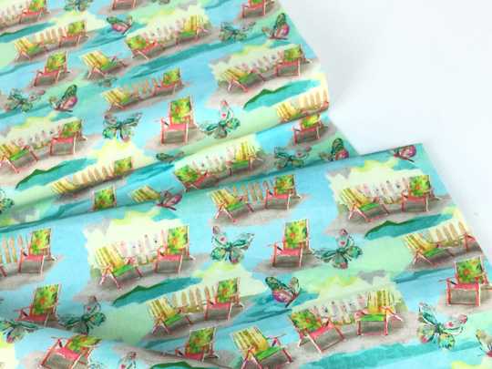 Sale ~ By The Yard Lounging Chairs Turquoise Fabric My Happy Place Collection By Connie Haley From 3 Wishes Fabric, 100% Quilting Cotton