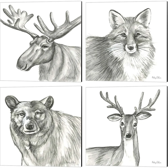 Kelsey Wilson 'Watercolor Pencil Forest (Moose, Fox, Bear & Deer)' Canvas Art (Set of 4)