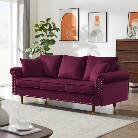 74" Velvet Sofa Couch with 2 Pillows, Modern 3 Seater Sofa with Wood Legs for Living Room and Bedroom