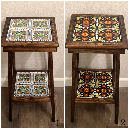 Handmade Mexican Accent End Table | Talavera Tiles, Wood Side